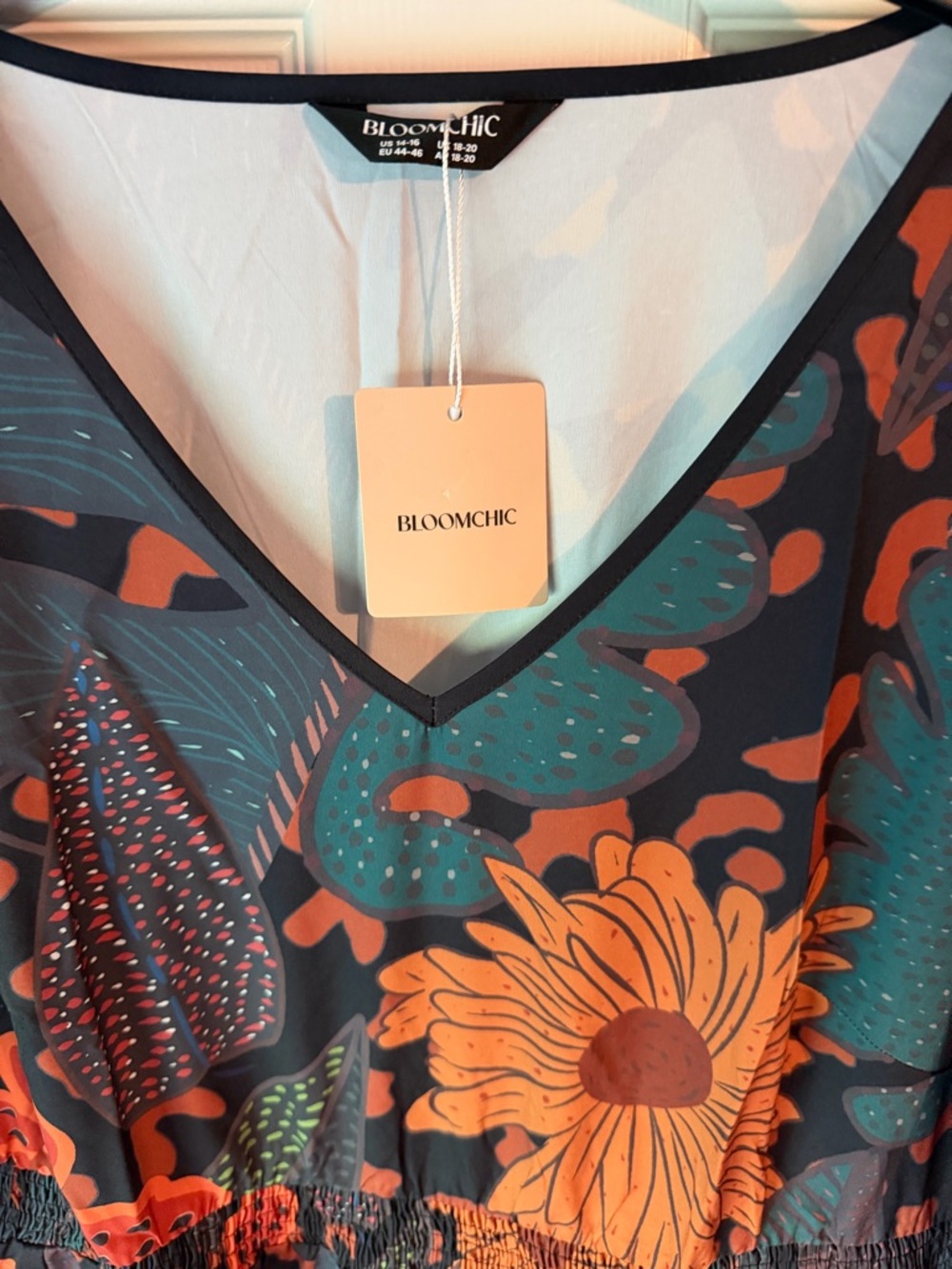 BloomChic Teal & Orange Floral V-Neck Midi Dress - Picture 2 of 3
